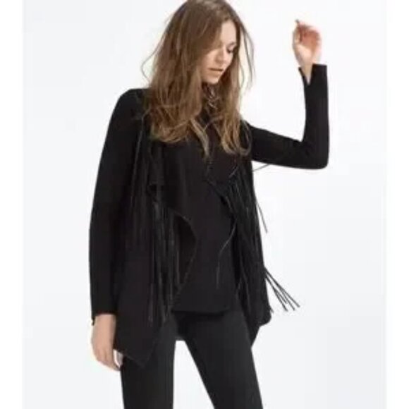 Zara Knit Black Draped Waterfall Fringe Cardigan Sweater Western Festival Small - Picture 1 of 11